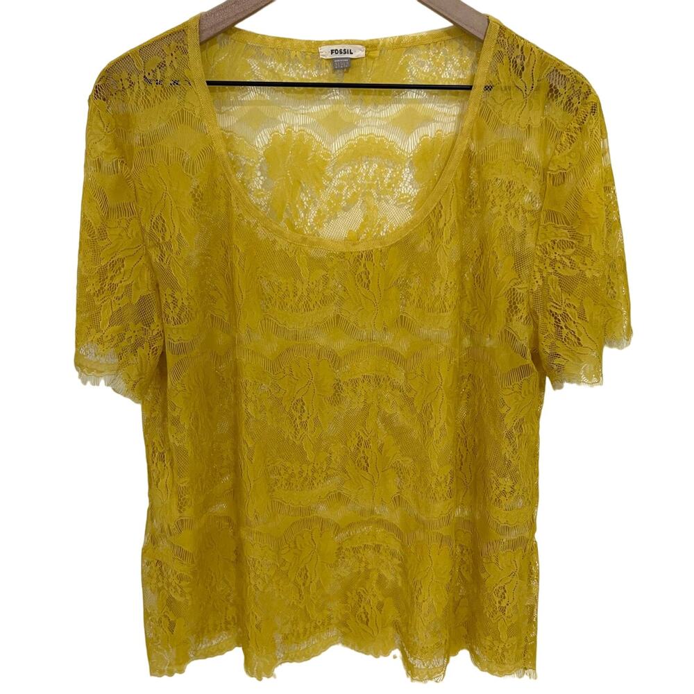Fossil Yellow Lace Sheer Blouse Short Sleeve Top Size Small